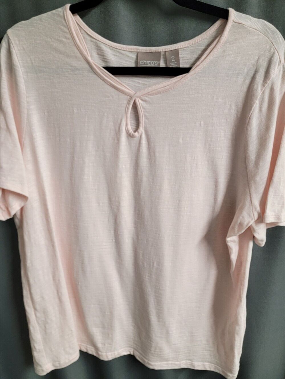 Chico's T-Shirt Women's Large Pink 100% Cotton Keyhole Short Sleeve Pullover B84